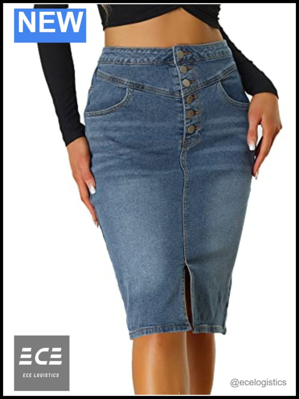 High Waisted Stretchy Denim Pencil Midi Skirt Split Hem Button Front